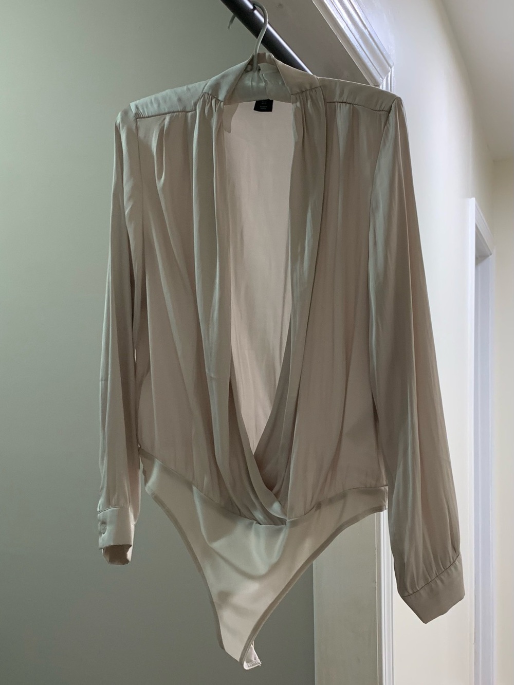 Sincerely Jules Draped Surplice Long-Sleeve Bodysuit in Light Beige